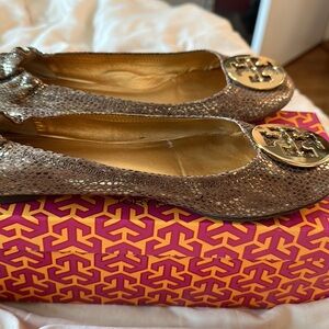TORY BURCH Reva gold/brownish tinted snakeskin ballet flats